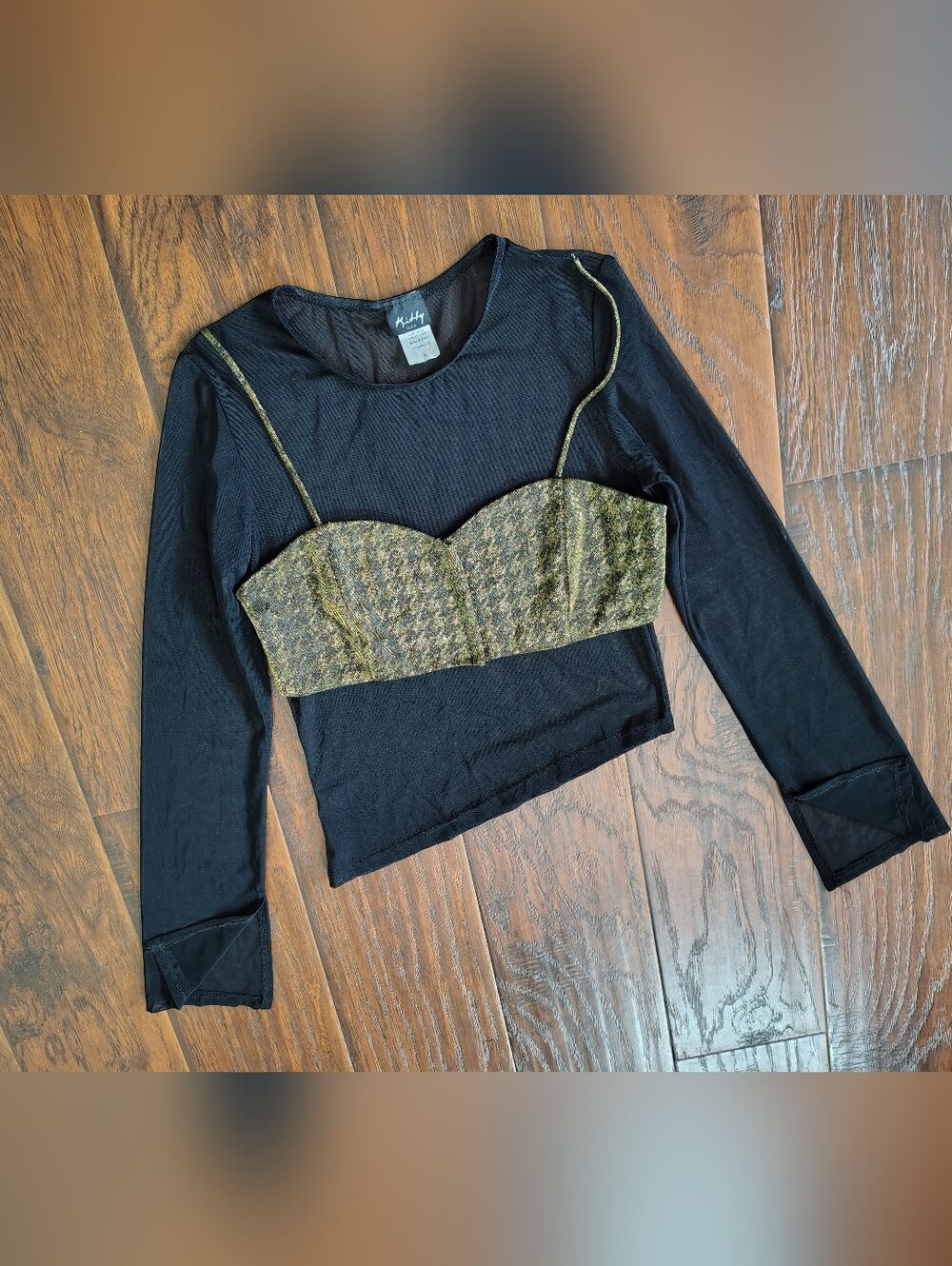 Vintage 90s Y2K Kitty USA sheer asymmetrical top with gold bralette size M